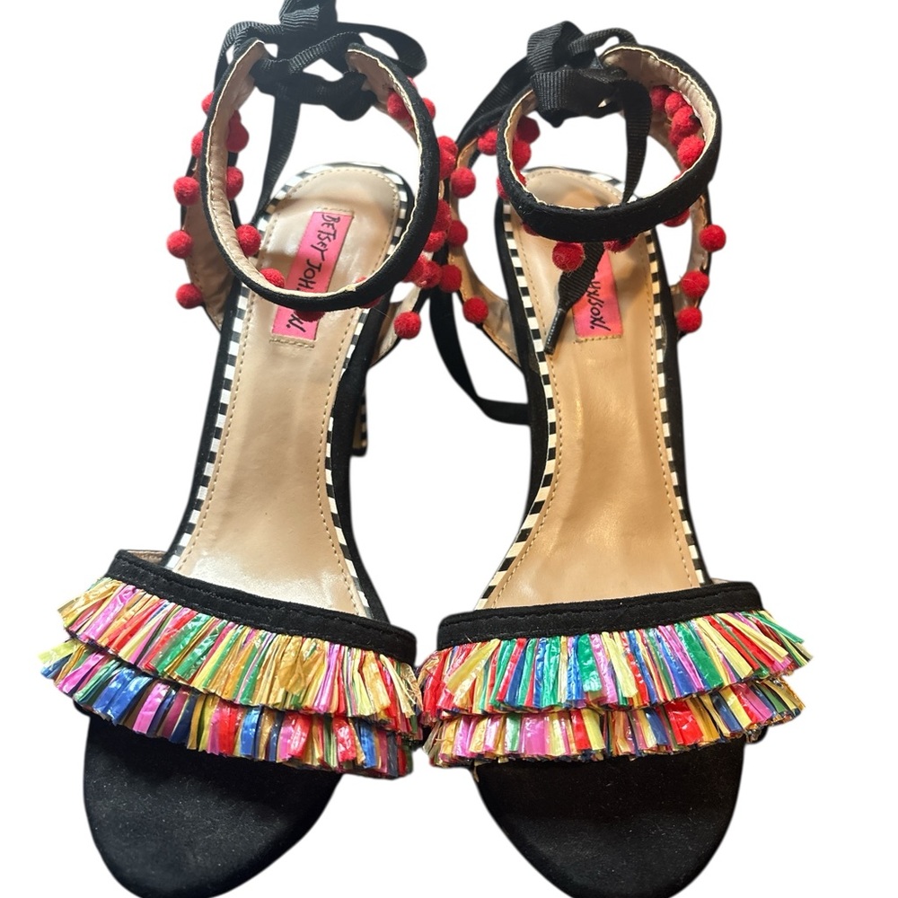 Betsey Johnson Black and Red Stiletto Heels with Fringe - Size 7.5